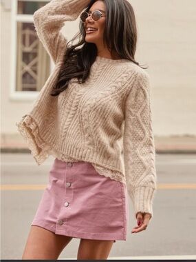 Cozy Cream Cable Knit Sweater with Lace Trim